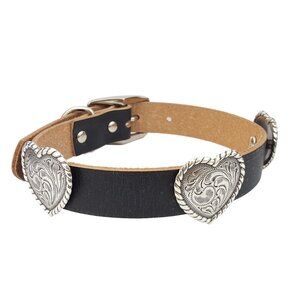 Genuine Distressed Leather Dog Collar with Shiny Heart Conchos